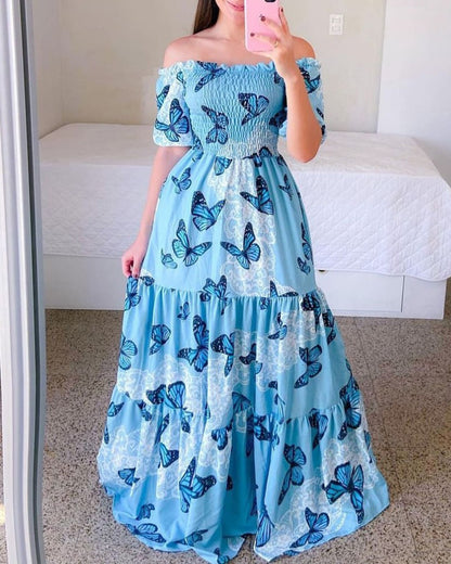 Summer Vacation Women Rainbow Color Floral Butterfly Large Swing Off Shoulder Casual Maxi Dress
