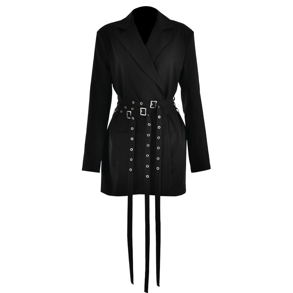 Chaqueta blazer informal de manga larga con cinturón y corte ajustado para mujer