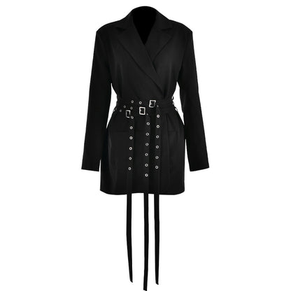 Chaqueta blazer informal de manga larga con cinturón y corte ajustado para mujer