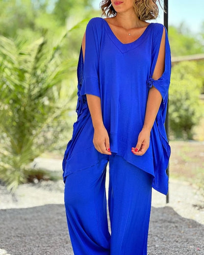 Conjunto de dos piezas para mujer, holgado, informal, con escote en V, pantalones de pierna ancha y talla grande