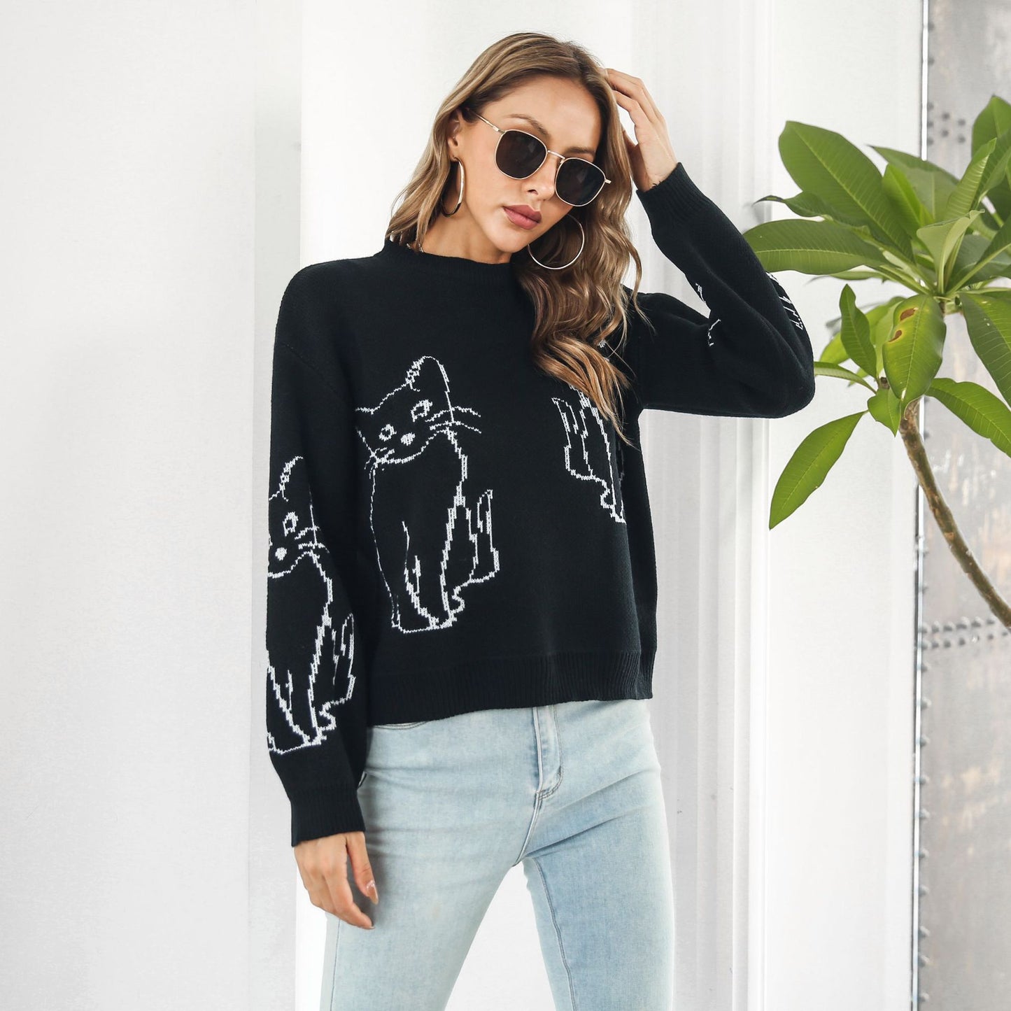 Suéter de punto con estampado de gato para mujer, informal, de invierno