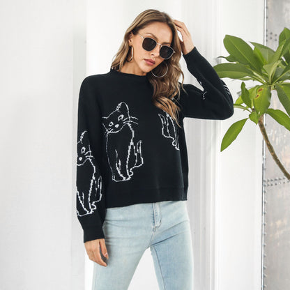 Suéter de punto con estampado de gato para mujer, informal, de invierno