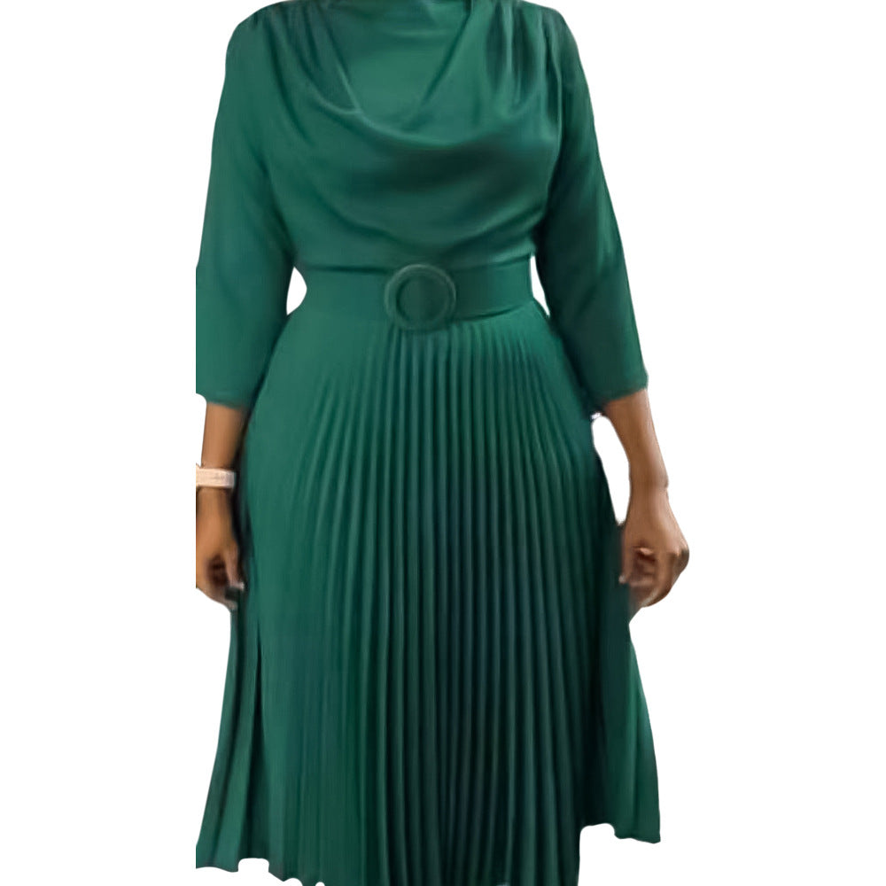 Vestido informal de manga larga plisado de color liso para mujer, talla grande