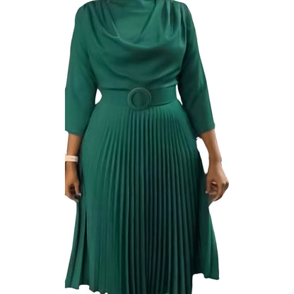 Vestido informal de manga larga plisado de color liso para mujer, talla grande