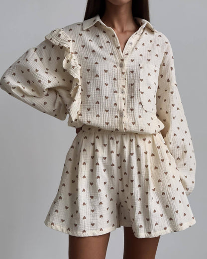 Fashion Casual Sweet Women Heart Floral Print Long Sleeve Ruffled Blouse And Shorts Set