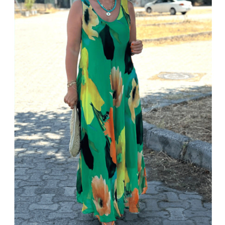Summer Women Casual Plus Size Floral Printed Sleeveless Dress