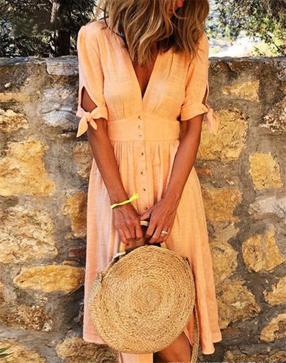 Vestido midi informal de vacaciones para mujer, color liso, con escote en V y media manga anudada