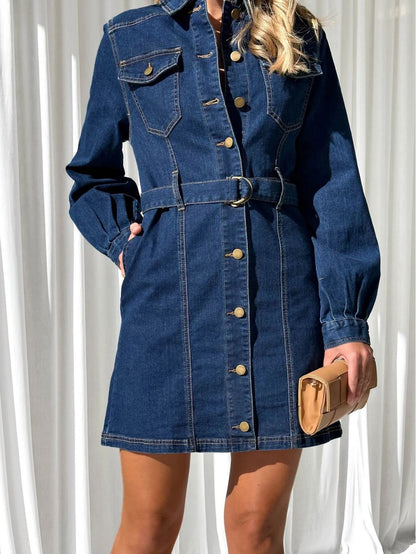 Women Fashion Casual Button Lace-Up Long Sleeve Denim Dress
