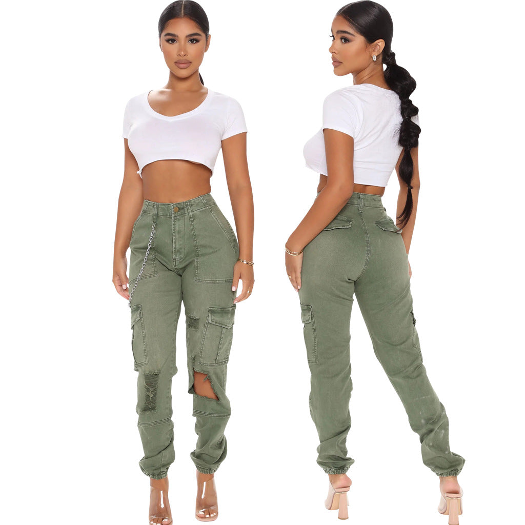 Women Summer Fashion Camouflage Printed Casual High Waist Ripped Pants