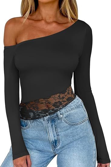 Camiseta informal de manga larga con hombros descubiertos y encaje de color liso para mujer