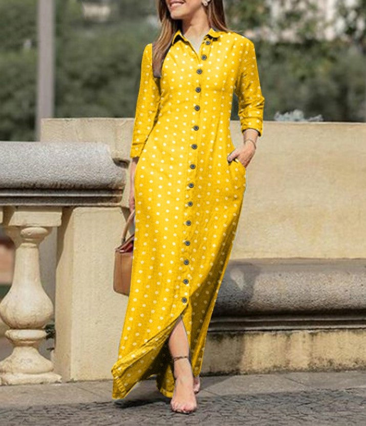 Women Casual Polka Dot Long Sleeve Lapel Collar Button Long Dress