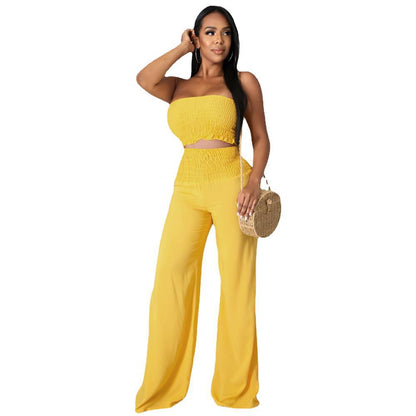 Conjunto de dos piezas para mujer, informal, elegante, de color liso, con top de tubo y pantalones holgados