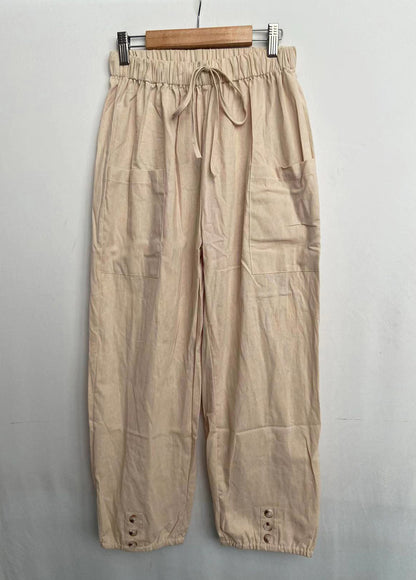 Plus Size Casual Women Loose High Waist Button Cotton Cropped Pants
