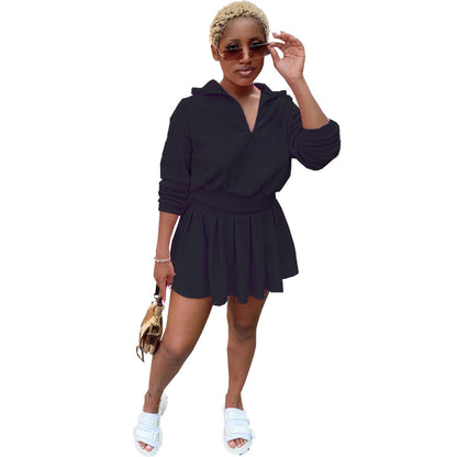 Women Fashion Casual Solid Color Velvet V-Neck Long-Sleeve Top Pleated Skirt Two-Piece Set