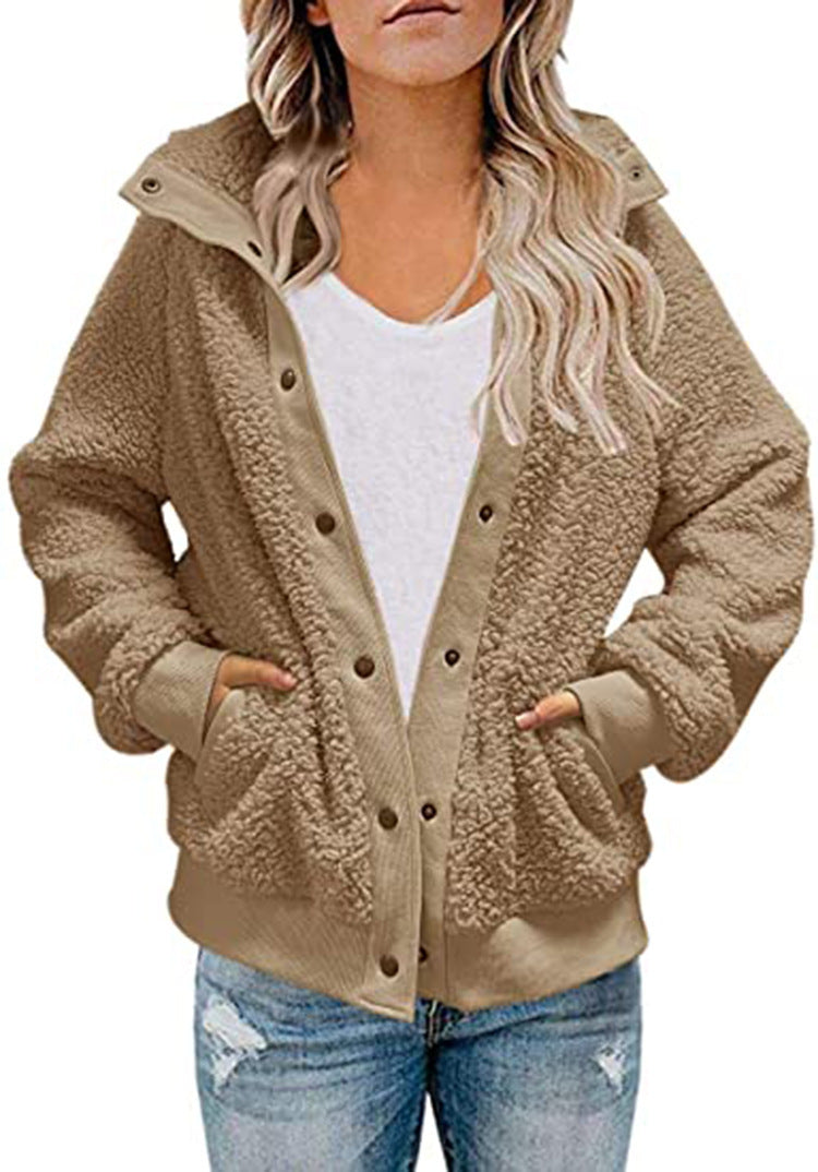 Abrigo de peluche holgado informal de invierno de manga larga y color liso para mujer