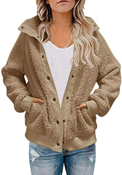 Abrigo de peluche holgado informal de invierno de manga larga y color liso para mujer