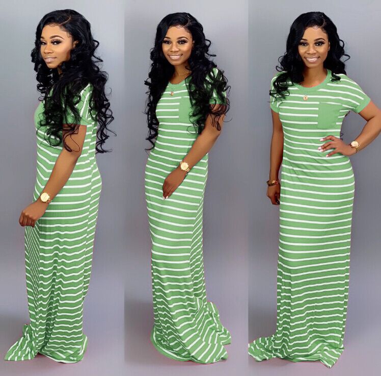 Women Casual Basic Stripe Color Blocking Short-sleeved Maxi Dress