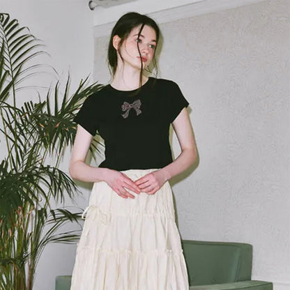 Camiseta informal de manga corta con lazo y diamantes de imitación para mujer