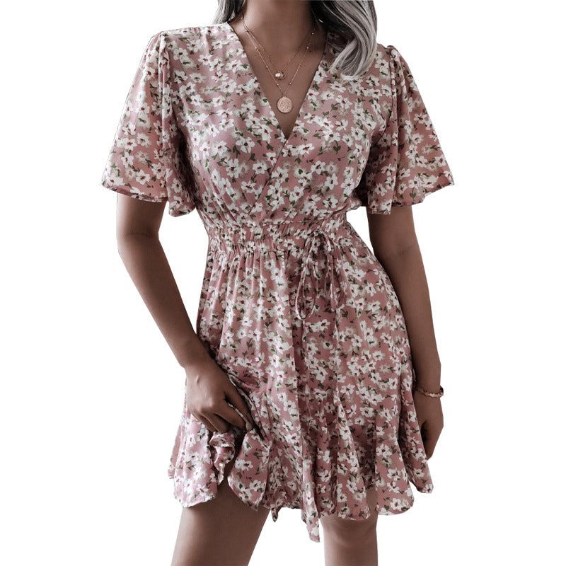 Spring Summer Women Casual Vacation Floral Printed Chiffon Short Sleeve Dress