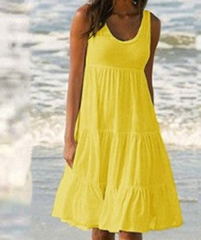 Women Casual Solid Color Sleeveless Round Neck Ruffled Loose Dress