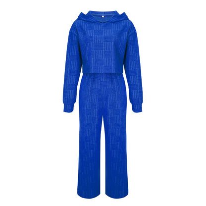 Conjunto de dos piezas informal de color liso con capucha y pantalones de pierna ancha de manga larga para mujer