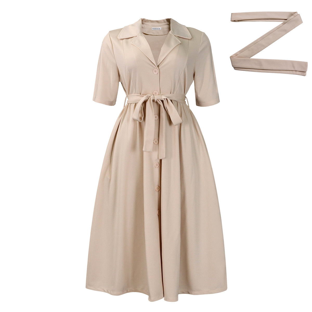 African Women Summer Fashion Casual Lapel Short-Sleeved Solid Color Tight Waist Large Swing Midi Dress