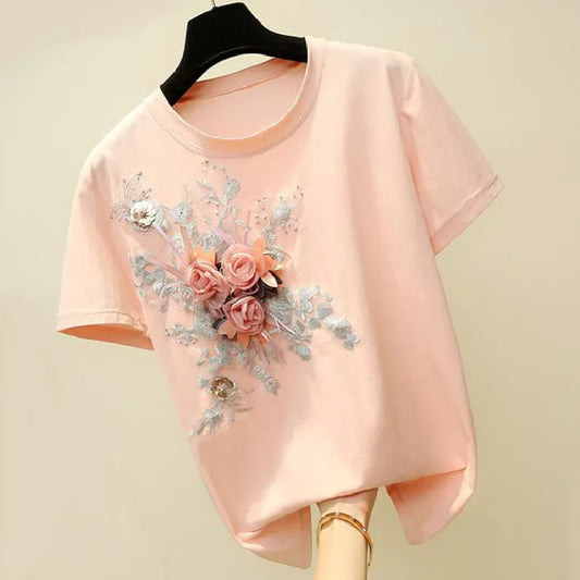 Camisetas casuales de algodón con cuello redondo y flores para mujer
