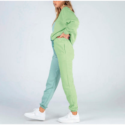 Conjunto de pantalones deportivos de cuello redondo con bloques de color informales a la moda para mujer