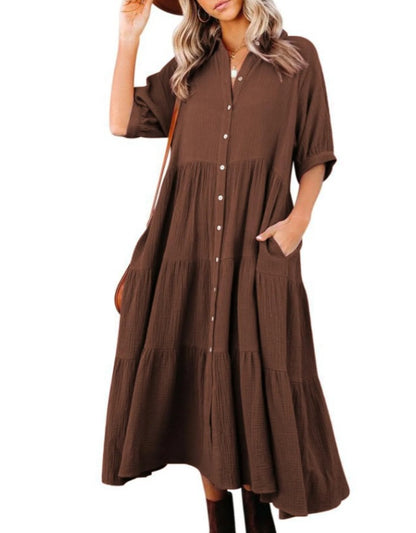 Summer Women Casual Solid Color Button Loose Shirt Dress