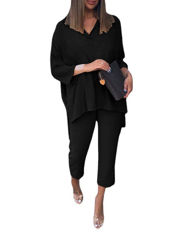Conjunto de dos piezas de top y pantalón de manga larga con cintura elástica informal de algodón de color liso para mujer