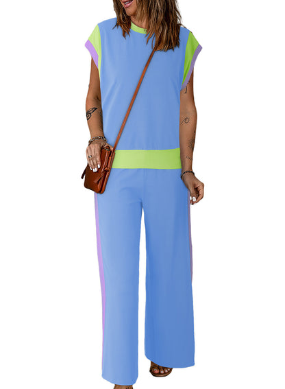 Conjunto de dos piezas de camiseta y pantalones holgados de manga corta con cuello redondo y bloques de color para mujer