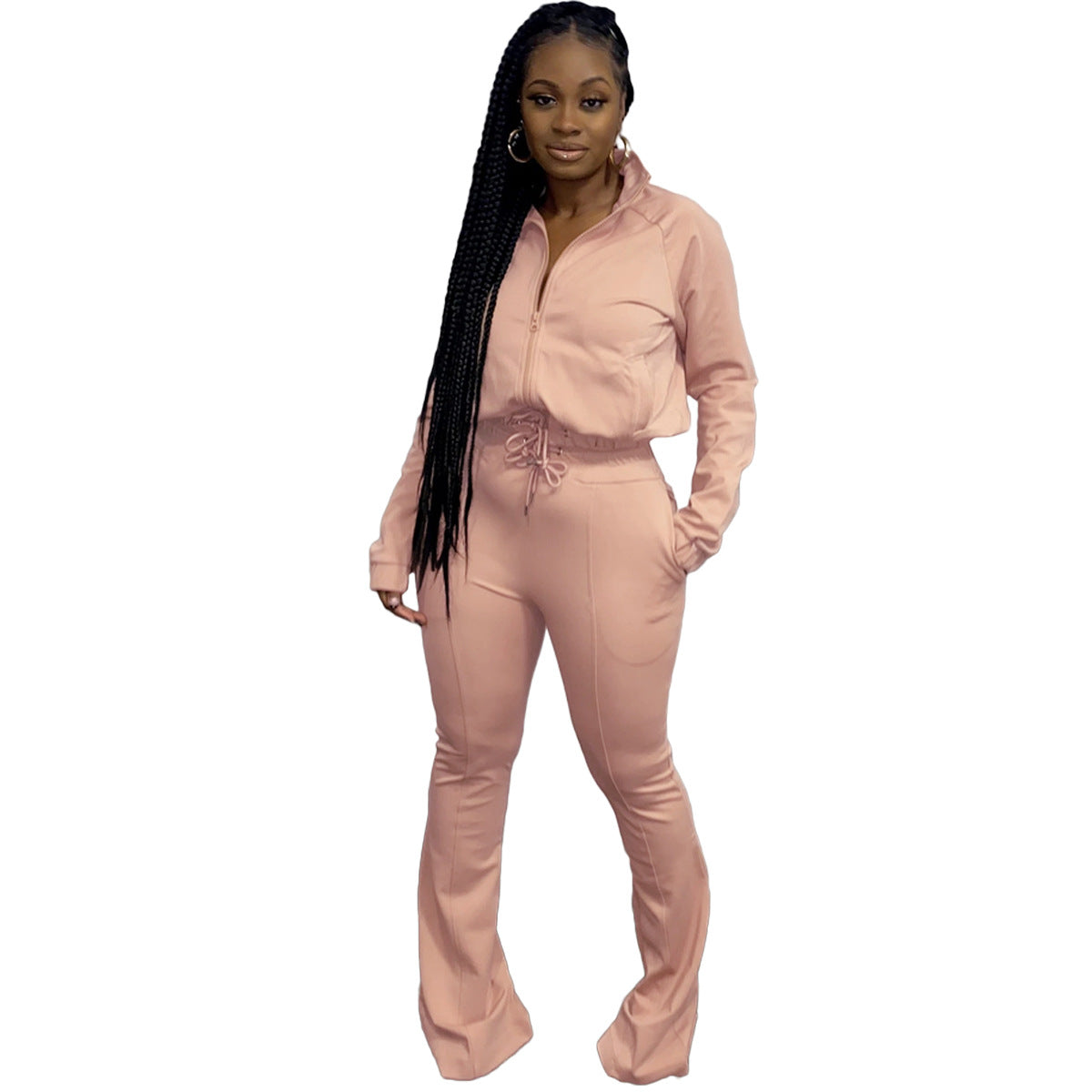 Conjunto de dos piezas informal de moda para mujer, con cuello alto, cremallera, manga larga y pantalones de cintura alta, color liso