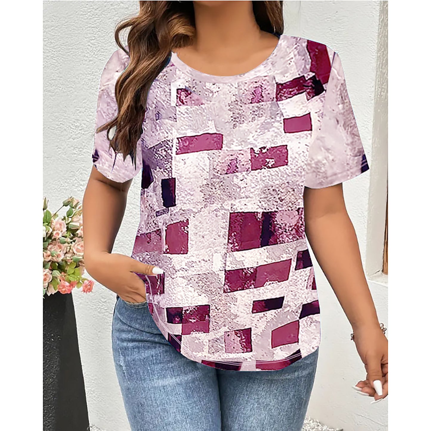 Camiseta informal de manga corta con cuello redondo y estampado cuadrado de talla grande para mujer