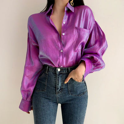 Blusa informal de manga larga abullonada con solapa elegante de color liso a la moda para mujer