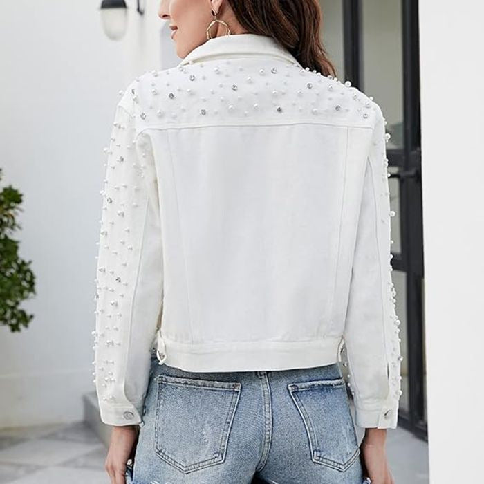 Chaqueta vaquera informal de manga larga con solapa y perlas y diamantes de imitación para mujer