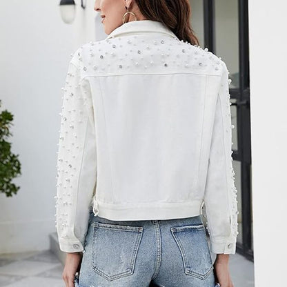 Chaqueta vaquera informal de manga larga con solapa y perlas y diamantes de imitación para mujer