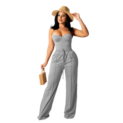 Conjunto de camiseta y pantalón recto de verano para mujer, informal, de color liso