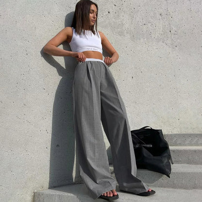 Women Fashion Loose Casual Solid Color Mopping Wide Legs Pants