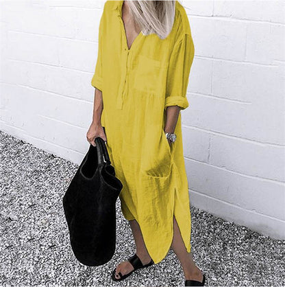 Women Casual Work Solid Color Side-slit Long Sleeves Lapel Shirt Dress