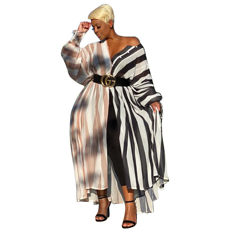 Women Fashion Casual Plus Size Stripe Stitching Long-Sleeve Single Breasted Slim-Fit Dress