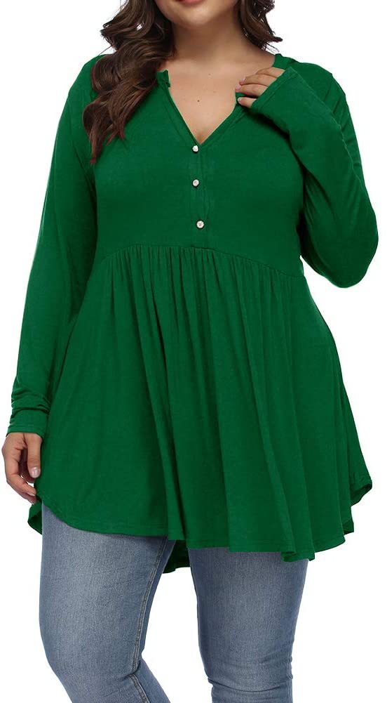 Camiseta informal de manga larga plisada con botones y escote en V de color liso para mujer, talla grande