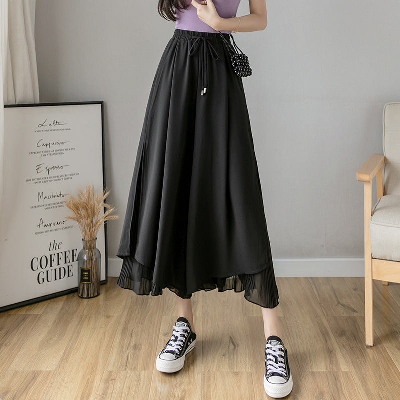 Women Fashion Casual Solid Color Chiffon Culottes Pants