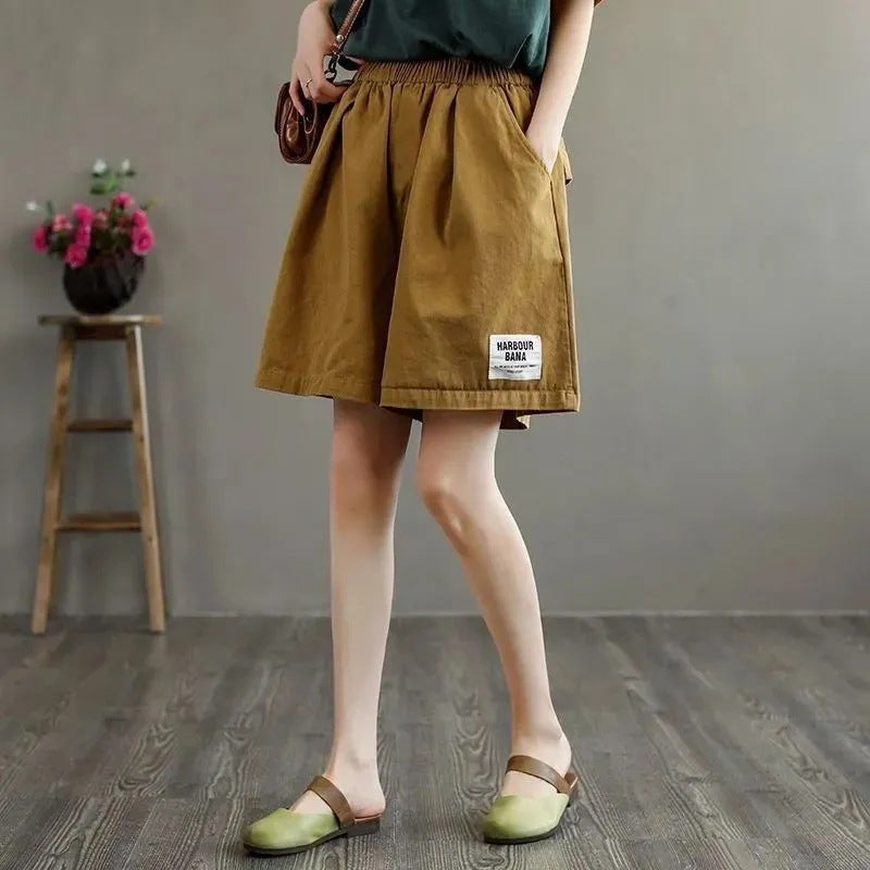 Women Fashion Casual Solid Color Elastic-Waist Wide Leg Shorts
