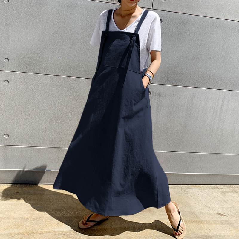 Women Simple Casual Loose Solid Color Large Swing Strap Dress