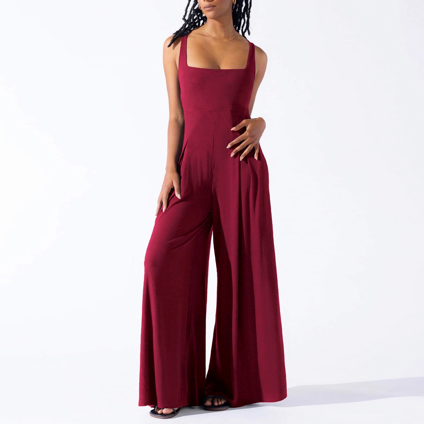Women Fashion Casual Solid Color Strap Wide Leg Jumpsuits
