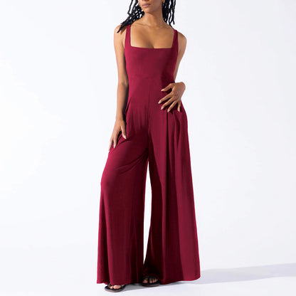 Women Fashion Casual Solid Color Strap Wide Leg Jumpsuits