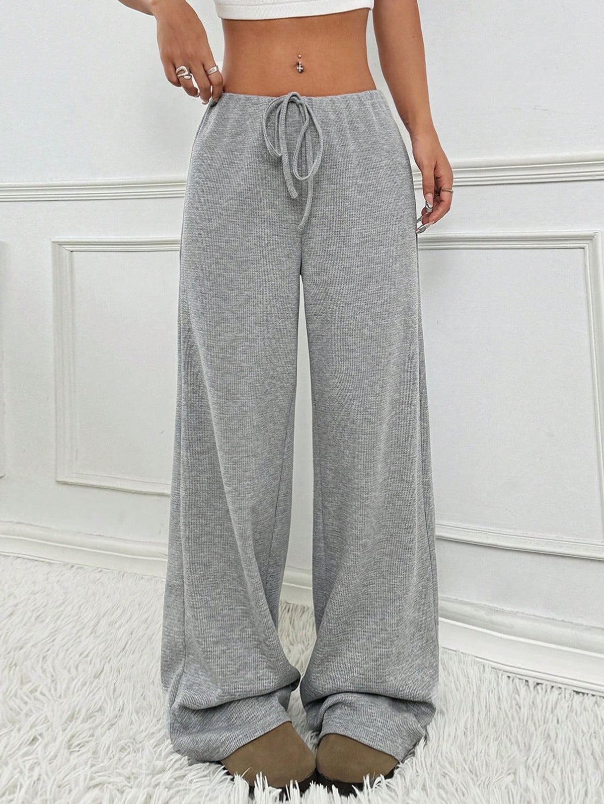 Women Casual Loose Stripe Solid Color Drawstring Pants
