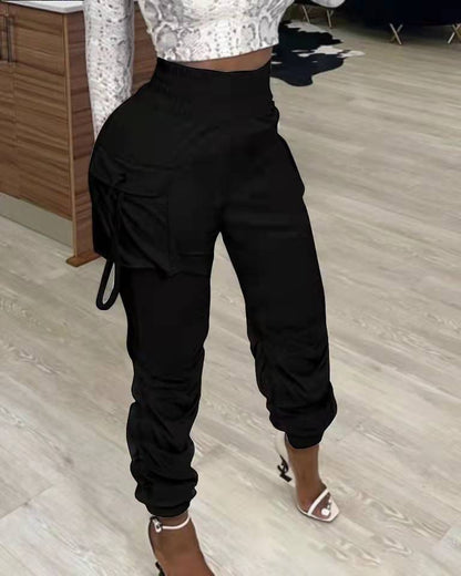 Women Fashion Casual Solid Color High Waist Pleated Pants
