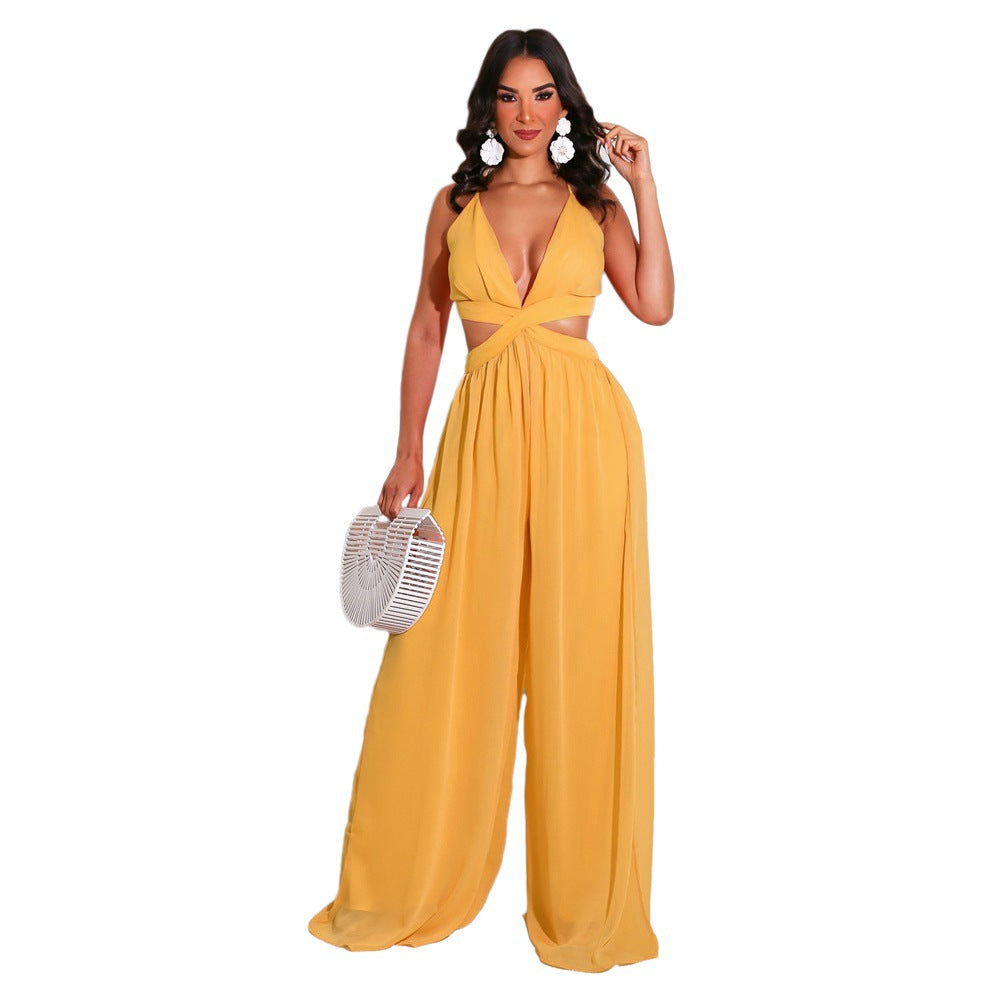 Women Solid Color Casual Loose Chiffon Jumpsuit