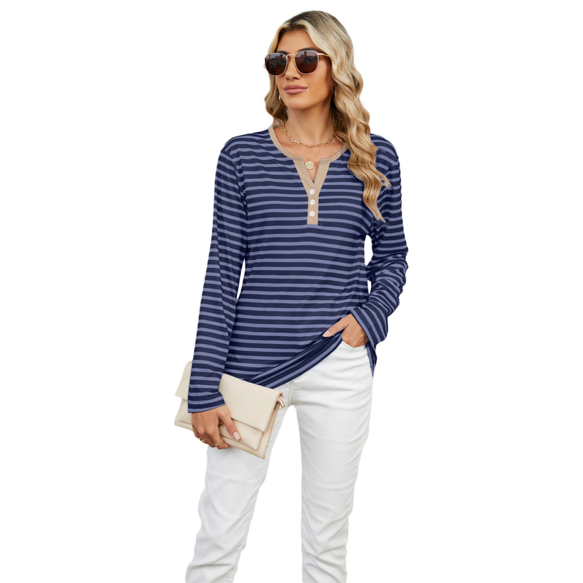 Camiseta informal de verano para mujer con cuello en V y estampado de rayas de manga larga